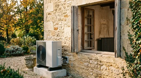 Installation de pompe à chaleur connectée à des radiateurs en fonte dans une maison française