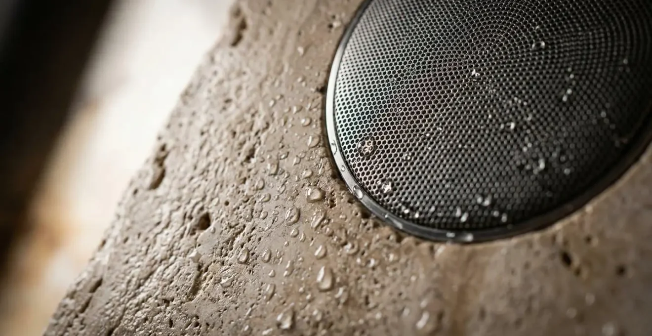 Détail architectural montrant l'intégration invisible d'équipements sonores dans une salle de bain moderne
