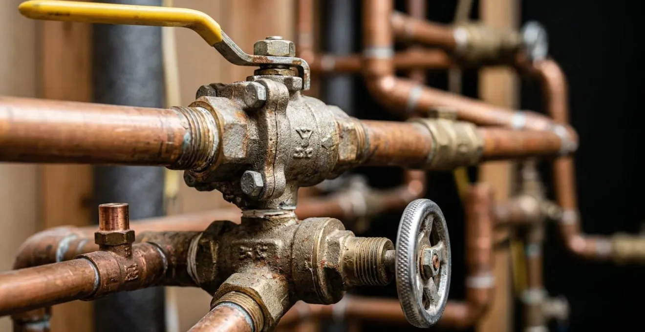 Gros plan sur différents types de vannes d'arrêt d'eau dans une installation domestique