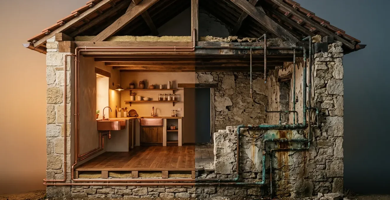 Vue en coupe d'une maison française montrant l'infrastructure de plomberie avec documents de vente sur table