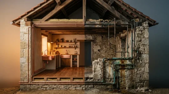 Vue en coupe d'une maison française montrant l'infrastructure de plomberie avec documents de vente sur table