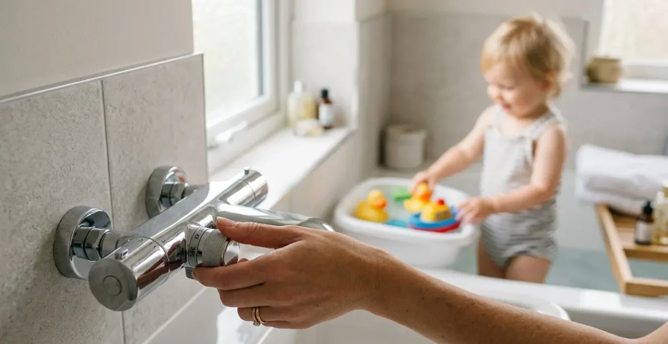 Parent ajustant un mitigeur thermostatique moderne dans une salle de bain lumineuse avec un enfant en arrière-plan
