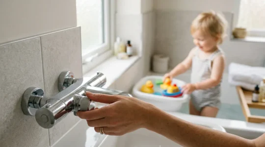 Parent ajustant un mitigeur thermostatique moderne dans une salle de bain lumineuse avec un enfant en arrière-plan