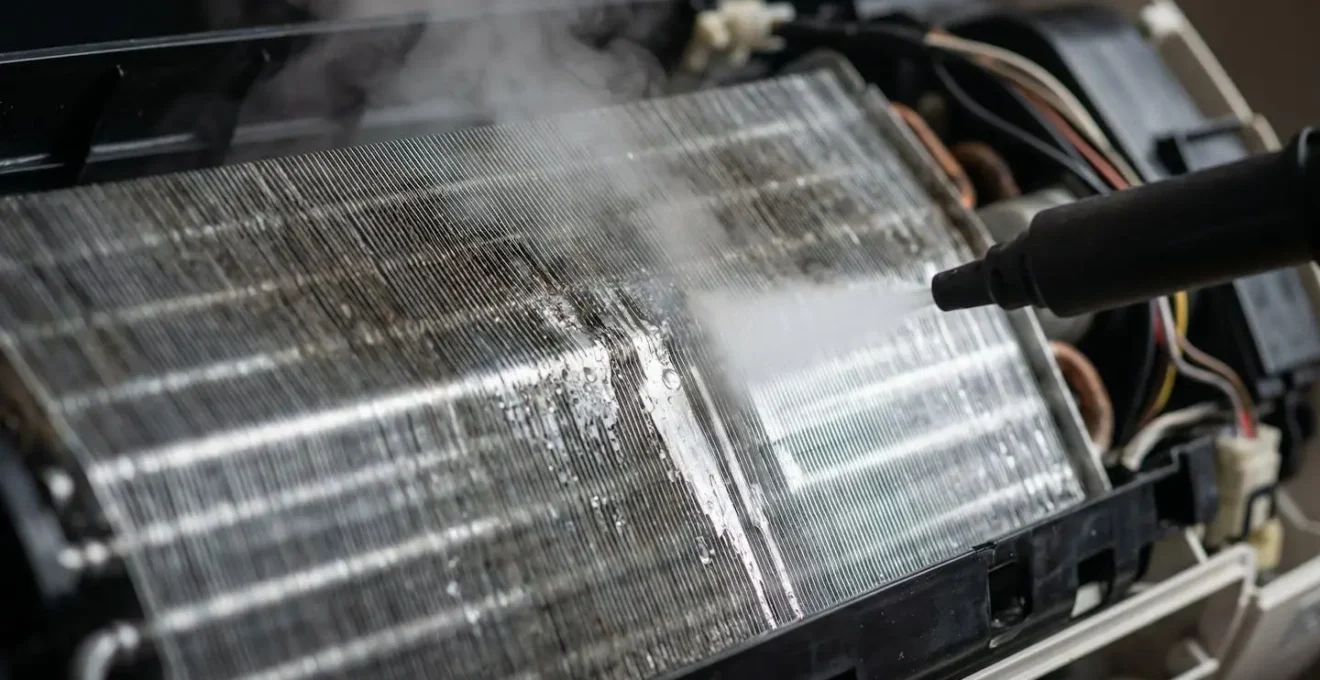 Technicien utilisant un nettoyeur vapeur professionnel sur l'évaporateur d'une climatisation murale