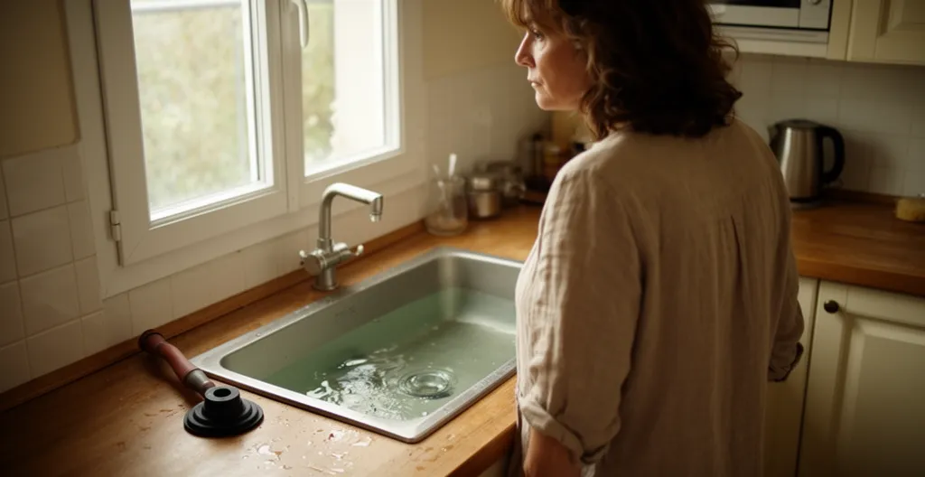 Personne devant un évier de cuisine rempli d'eau stagnante avec ventouse posée à côté après tentative échouée