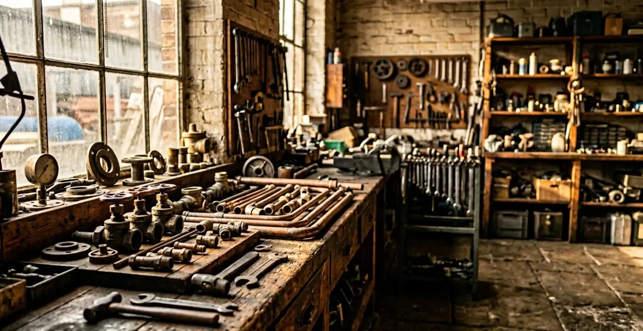 Vue d'atelier de réparation avec pièces détachées de chaudière anciennes disposées sur un établi en bois