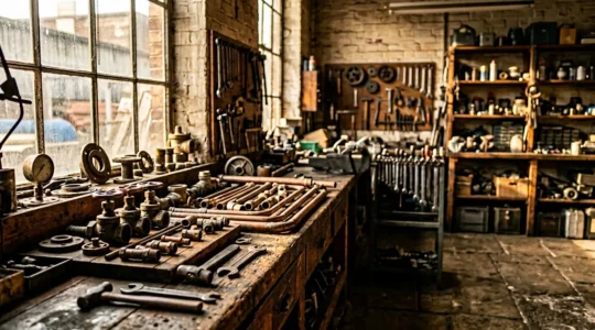 Vue d'atelier de réparation avec pièces détachées de chaudière anciennes disposées sur un établi en bois