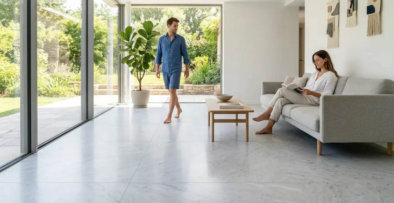 Vue intérieure d'une maison moderne équipée d'un plancher rafraîchissant pendant une journée d'été