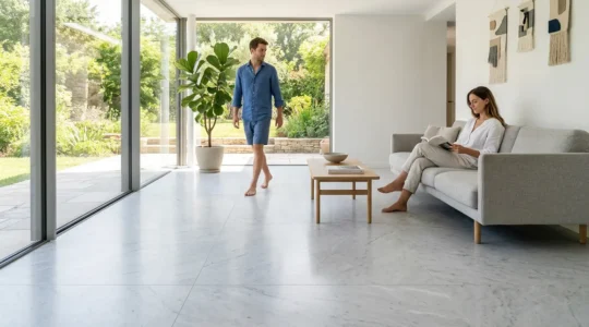 Vue intérieure d'une maison moderne équipée d'un plancher rafraîchissant pendant une journée d'été