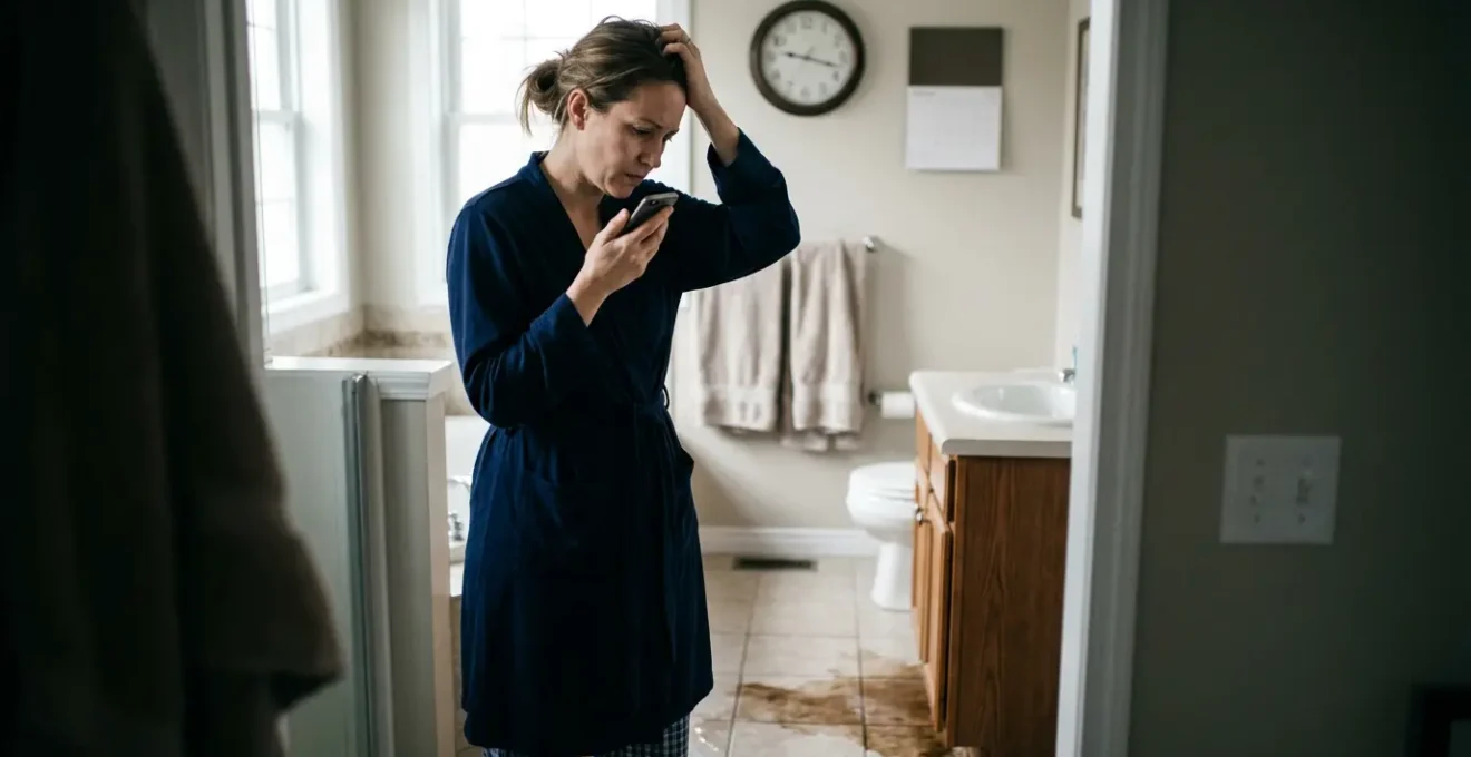 Scène d'urgence plomberie un dimanche avec un propriétaire inquiet face à une fuite d'eau