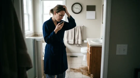 Scène d'urgence plomberie un dimanche avec un propriétaire inquiet face à une fuite d'eau