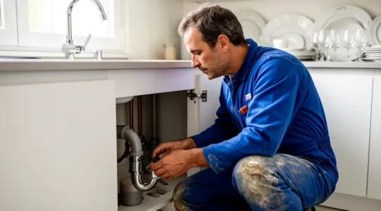 Plombier professionnel inspectant un siphon sous un évier de cuisine pour diagnostic débouchage