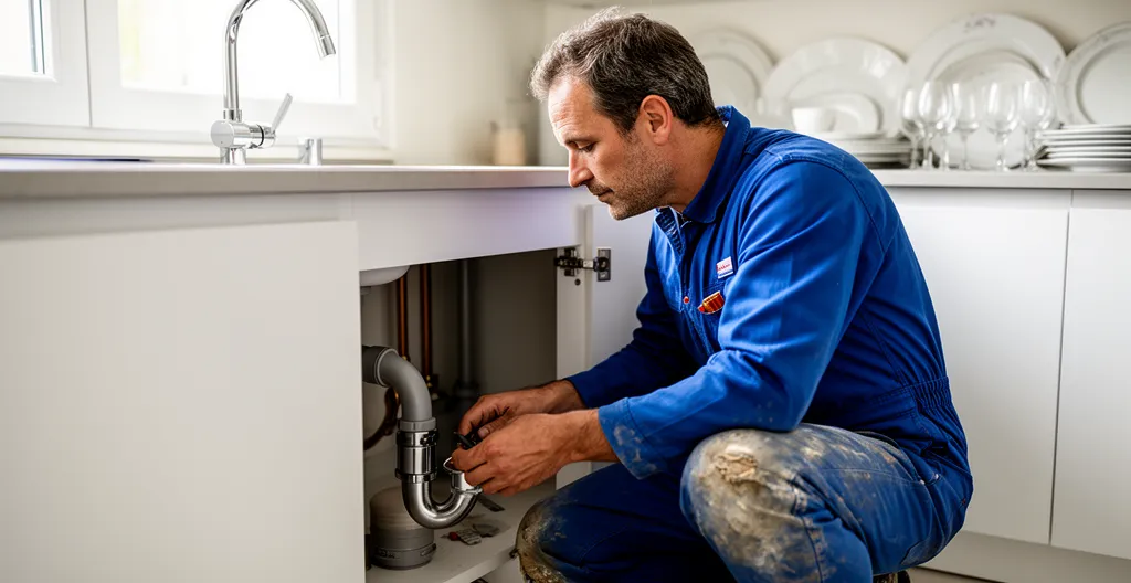 Plombier professionnel inspectant un siphon sous un évier de cuisine pour diagnostic débouchage