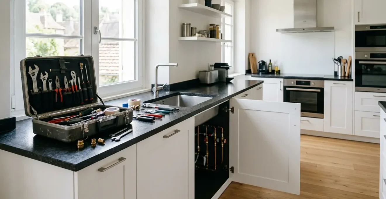 Professionnel intervenant sur un système de plomberie dans une cuisine française contemporaine