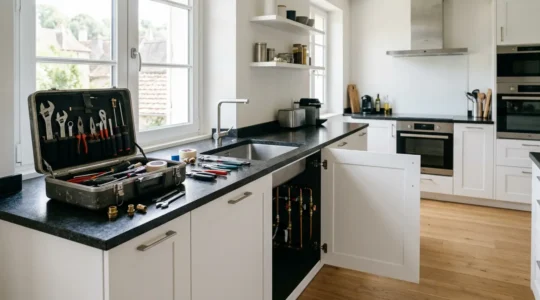 Professionnel intervenant sur un système de plomberie dans une cuisine française contemporaine