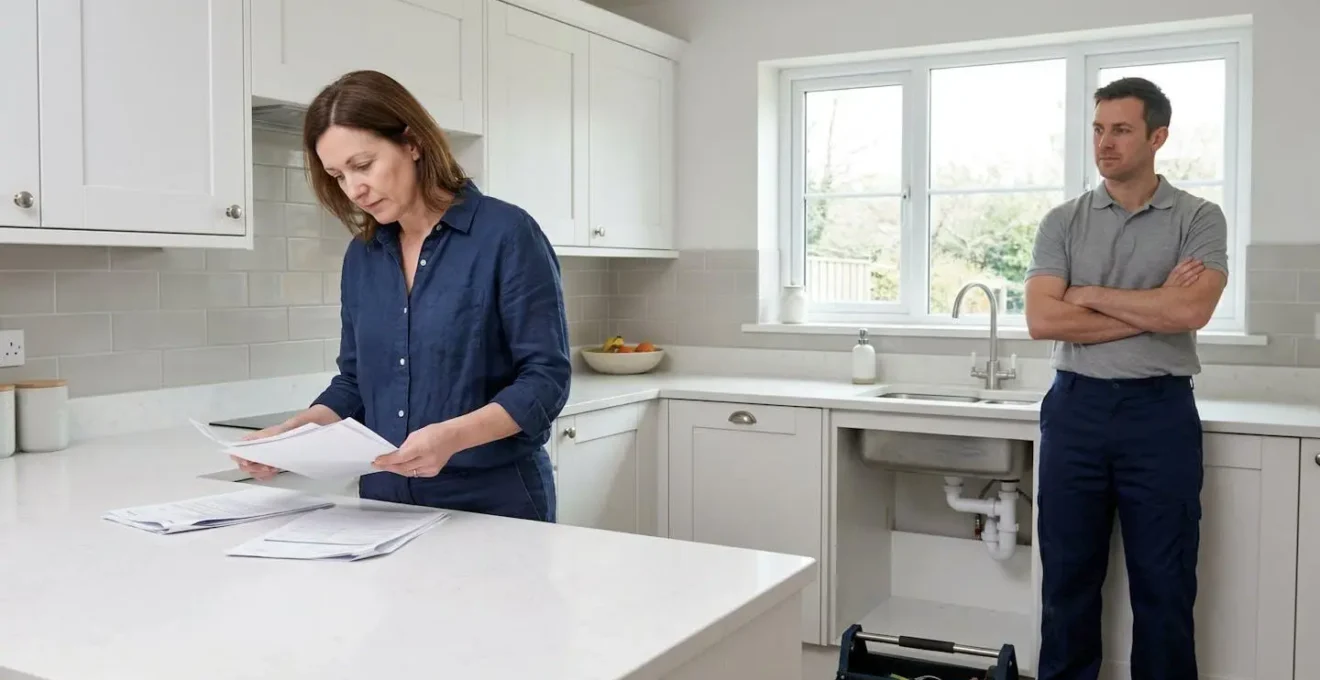Scène montrant un client examinant attentivement un document face à un plombier dans une cuisine