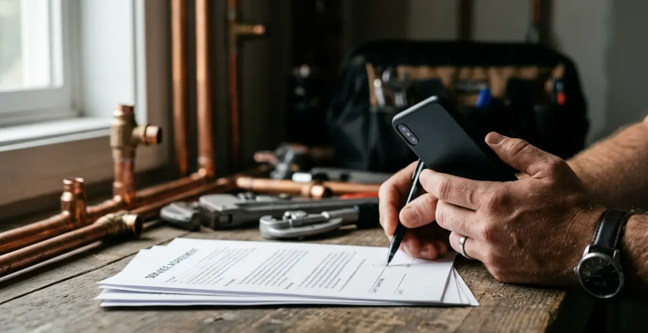 Main tenant un téléphone avec des documents de devis et des outils de plomberie flous en arrière-plan