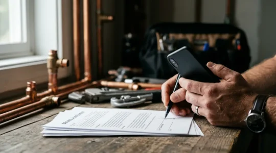 Main tenant un téléphone avec des documents de devis et des outils de plomberie flous en arrière-plan