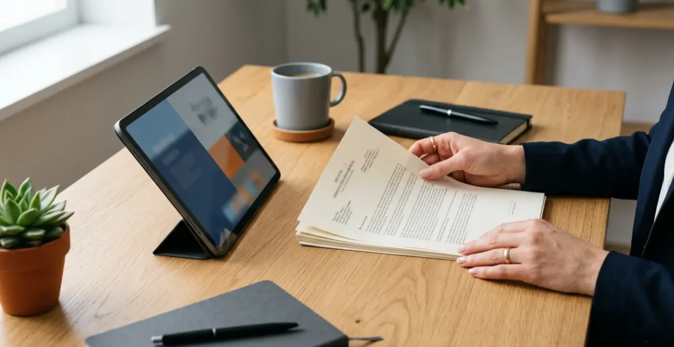 Professionnel vérifiant des documents de certification RGE sur un bureau avec tablette et papiers officiels