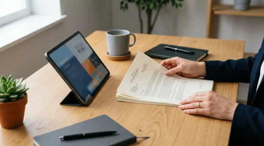 Professionnel vérifiant des documents de certification RGE sur un bureau avec tablette et papiers officiels