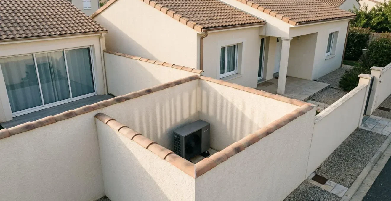 Vue aérienne montrant le mauvais positionnement d'une PAC dans un angle de murs