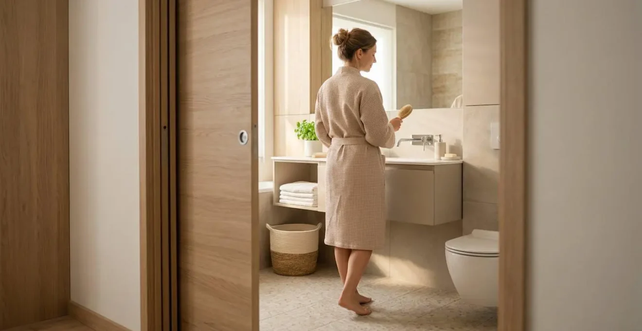 Vue d'ensemble d'une petite salle de bain optimisée avec porte coulissante à galandage