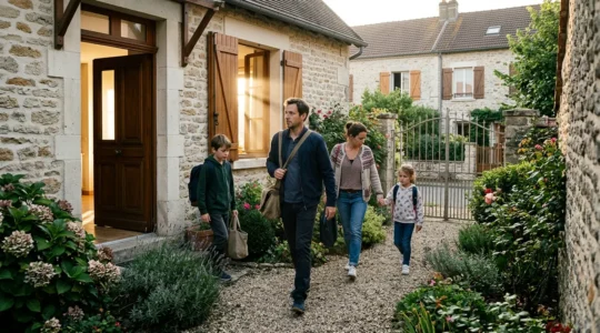 Famille évacuant calmement une maison avec fenêtres ouvertes pour ventilation d'urgence