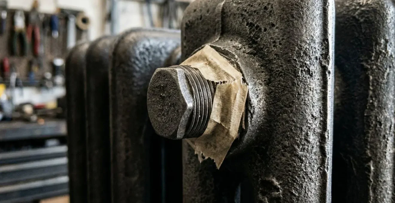 Gros plan sur les nipples d'un radiateur en fonte protégés pendant le sablage