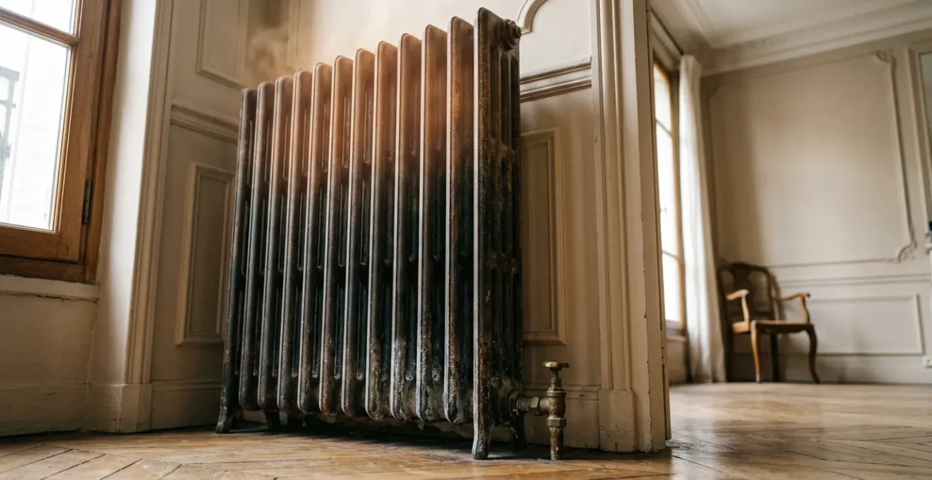 Radiateur ancien avec zones froides visibles en partie basse et thermographie infrarouge révélant les problèmes de circulation