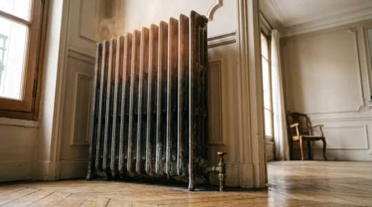 Radiateur ancien avec zones froides visibles en partie basse et thermographie infrarouge révélant les problèmes de circulation