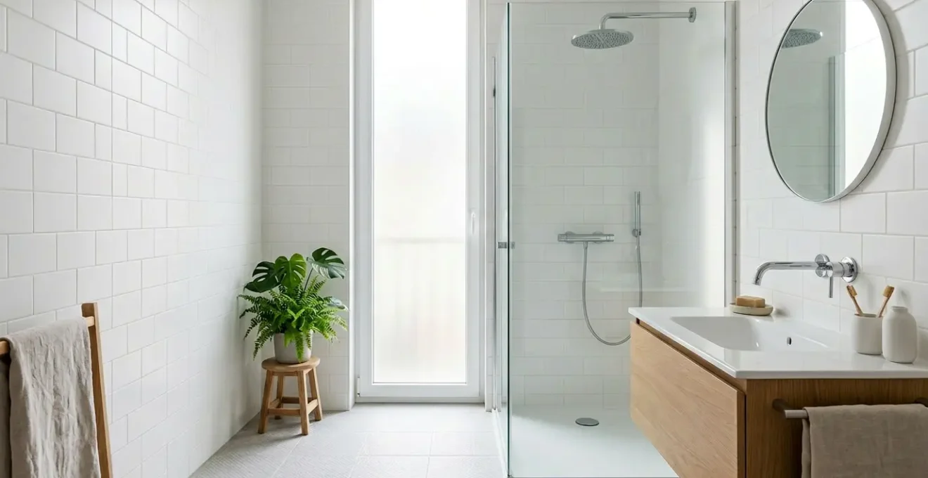 Vue d'un intérieur moderne avec robinetterie économique et système de récupération d'eau visible