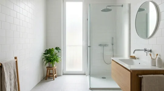 Vue d'un intérieur moderne avec robinetterie économique et système de récupération d'eau visible