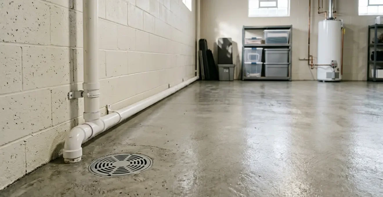 Vue d'ensemble d'un sous-sol protégé après hydrocurage préventif des canalisations