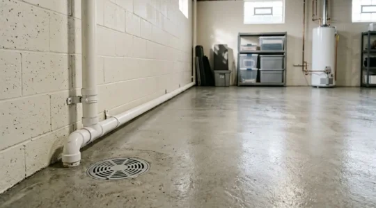 Vue d'ensemble d'un sous-sol protégé après hydrocurage préventif des canalisations