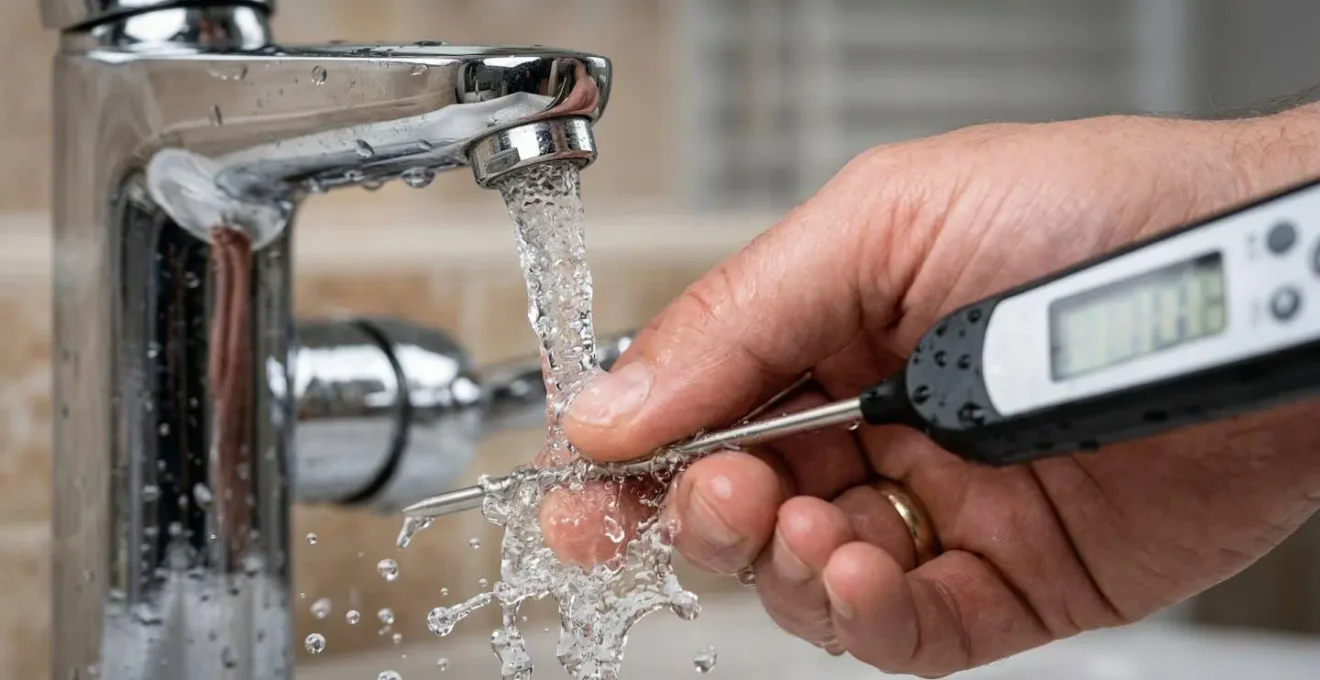 Main tenant un thermomètre de cuisine sous l'eau d'un robinet thermostatique