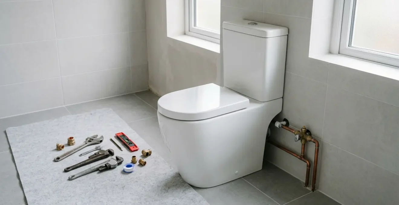 Installation de WC dans une salle de bains moderne avec outils de plomberie professionnels disposés méthodiquement