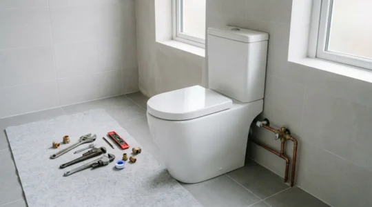 Installation de WC dans une salle de bains moderne avec outils de plomberie professionnels disposés méthodiquement