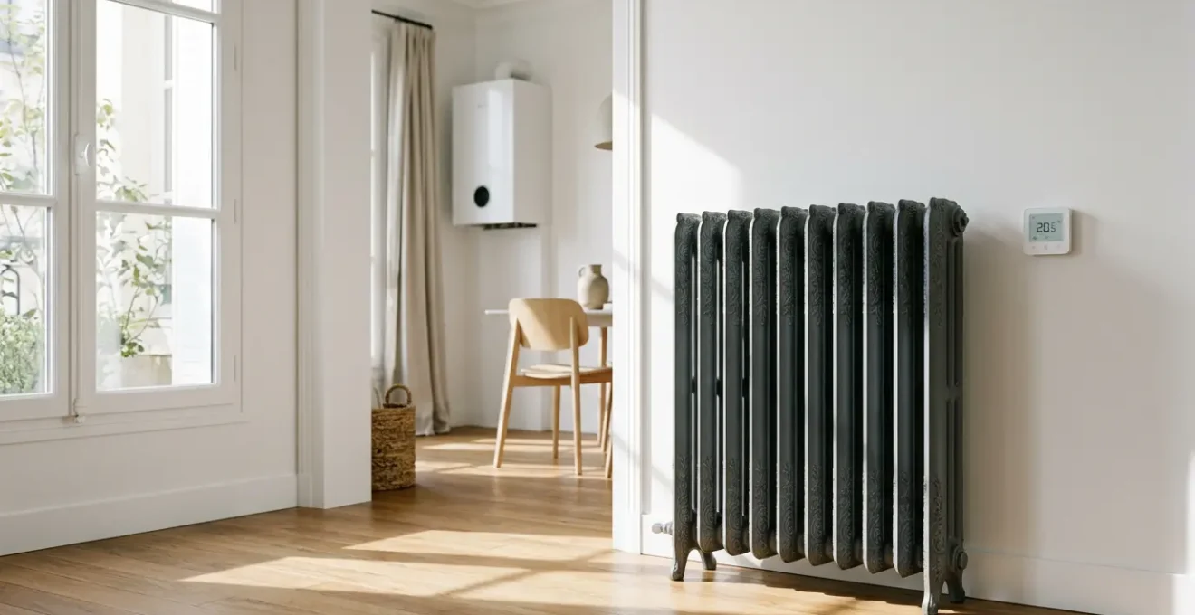 Radiateur en fonte ancien et élégant dans un intérieur moderne avec thermostat connecté