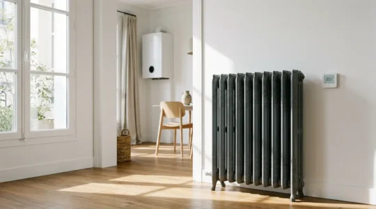 Radiateur en fonte ancien et élégant dans un intérieur moderne avec thermostat connecté