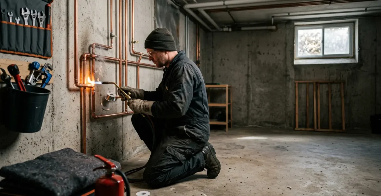 Professionnel soudant des tuyaux de cuivre avec un chalumeau dans un espace de travail sécurisé avec équipements de protection