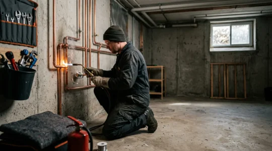 Professionnel soudant des tuyaux de cuivre avec un chalumeau dans un espace de travail sécurisé avec équipements de protection