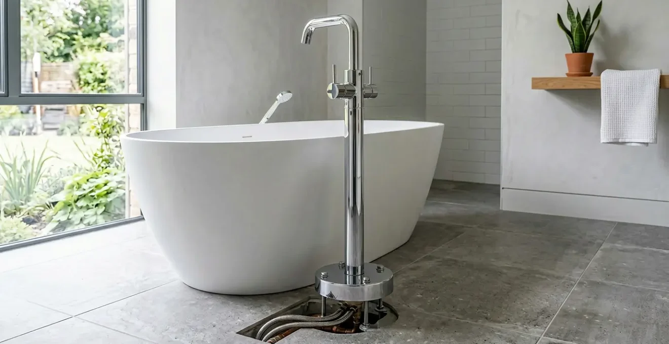 Installation professionnelle d'un robinet sur colonne pour baignoire îlot dans une salle de bain moderne