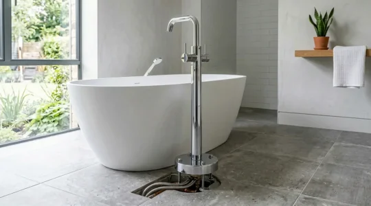 Installation professionnelle d'un robinet sur colonne pour baignoire îlot dans une salle de bain moderne