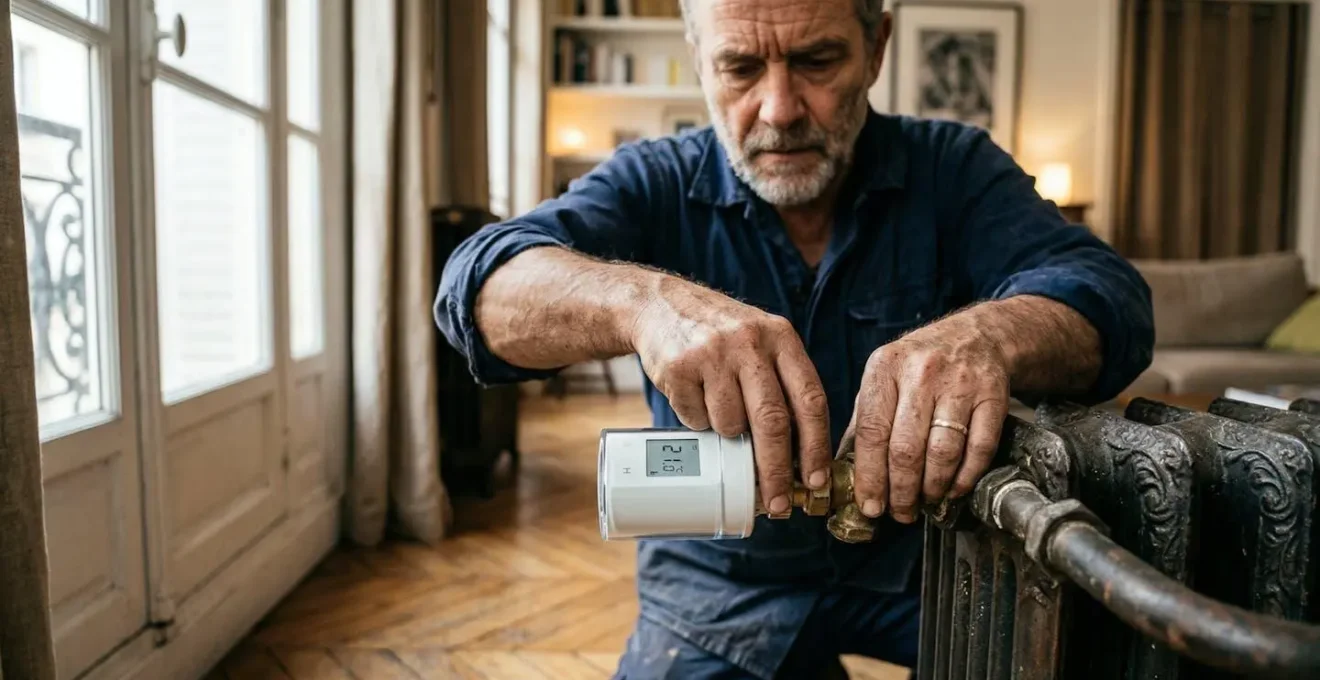 Installation d'un robinet thermostatique moderne sur un radiateur en fonte ancien