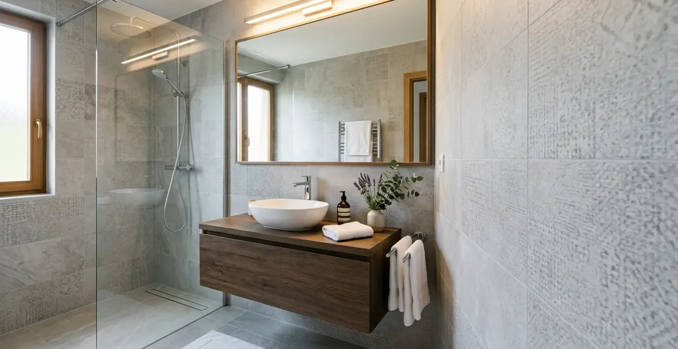 Salle de bain moderne de 4m² avec douche à l'italienne, meuble vasque suspendu et miroir XXL