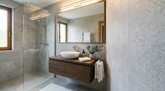 Salle de bain moderne de 4m² avec douche à l'italienne, meuble vasque suspendu et miroir XXL