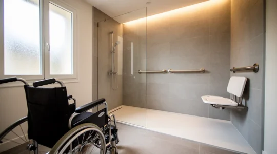 Salle de bain PMR lumineuse avec douche à l'italienne et équipements d'accessibilité modernes intégrés harmonieusement