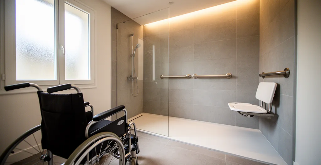 Salle de bain PMR lumineuse avec douche à l'italienne et équipements d'accessibilité modernes intégrés harmonieusement