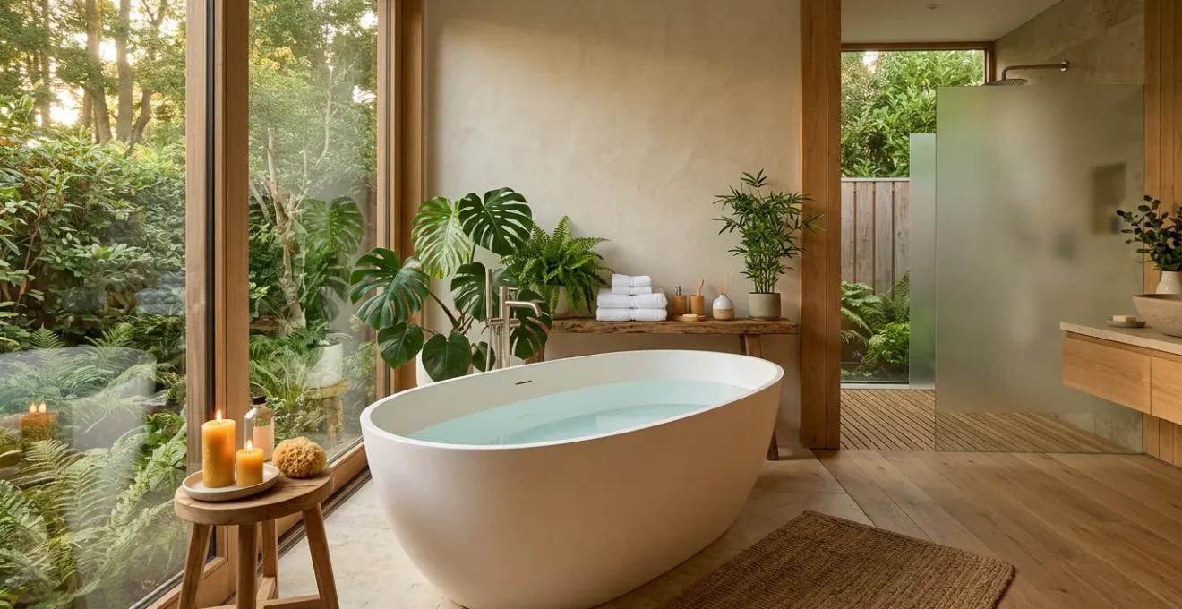 Salle de bain moderne transformée en espace bien-être avec éclairage tamisé et plantes vertes