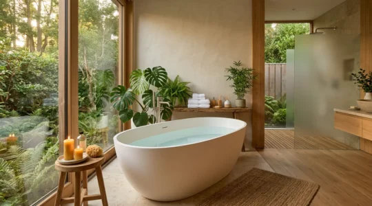 Salle de bain moderne transformée en espace bien-être avec éclairage tamisé et plantes vertes